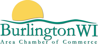 Burlington Wisconsin Area Chamber of Commerce logo showing an illustration of a sun rising above the text.